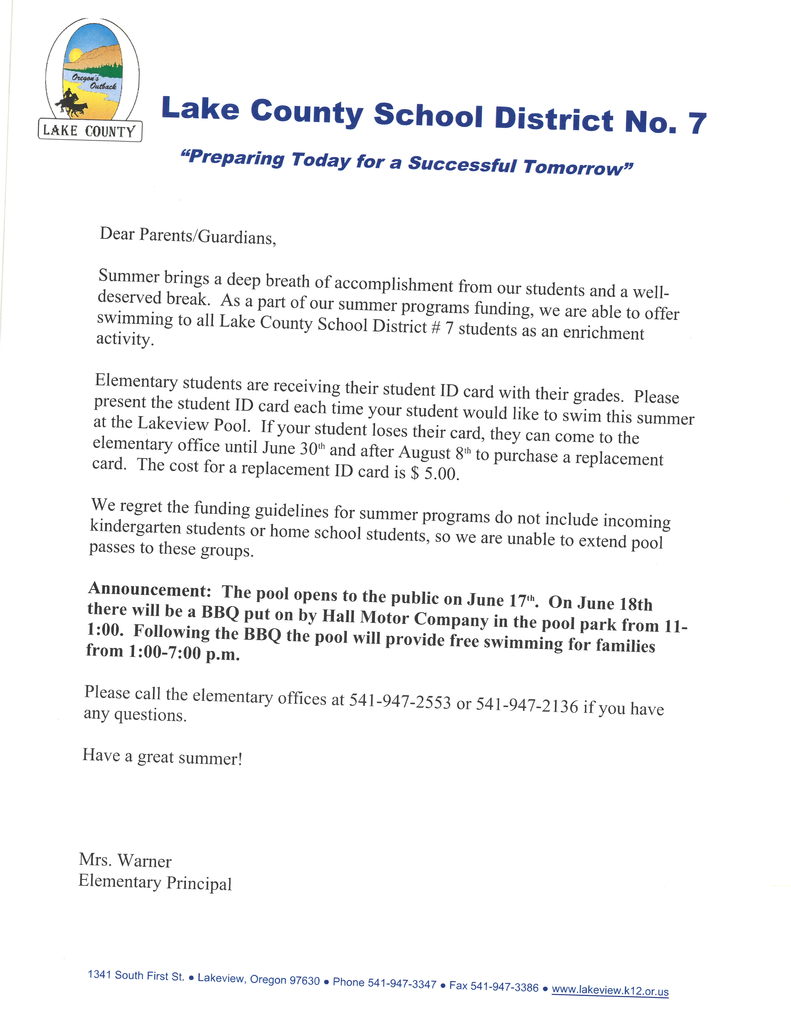 Letter from Mrs. Warner in regards to free pool passes for all LCSD7 students 
